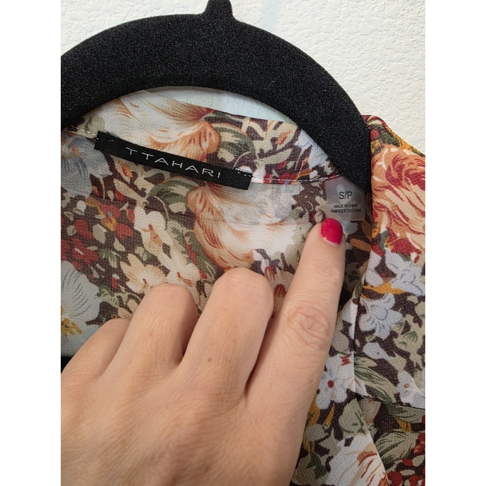 T Tahari Brown Floral Blouse Sz S Sheer Long Sleeve Spring Luxury Fairycore - Picture 2 of 5